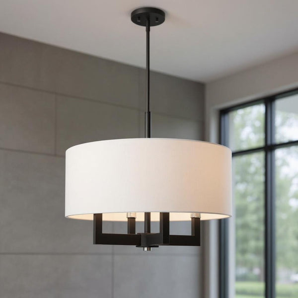 HomeRoots Black Modern Four-Light Dimmable Chandelier with Cylindrical Shades – Perfect for Any Space! 687506