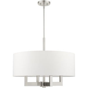 HomeRoots Four Light Dimmable Chandelier – Modern Cylinder Shades, Steel Construction, Adjustable Ambiance & Style 687507