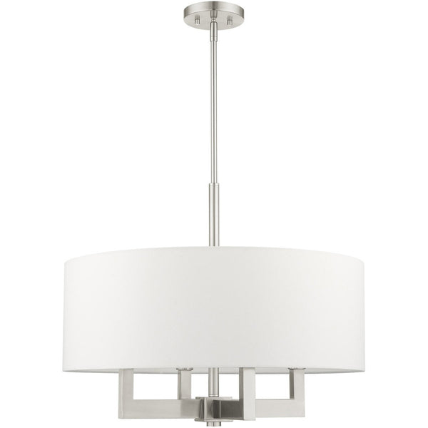HomeRoots Four Light Dimmable Chandelier – Modern Cylinder Shades, Steel Construction, Adjustable Ambiance & Style 687507