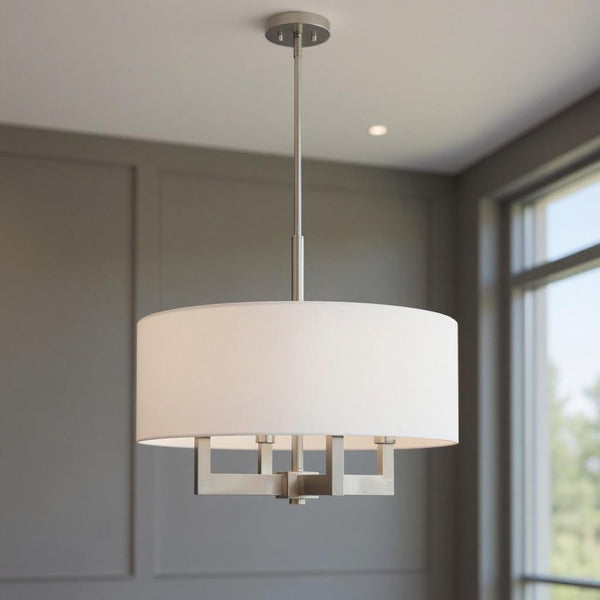 HomeRoots Four Light Dimmable Chandelier – Modern Cylinder Shades, Steel Construction, Adjustable Ambiance & Style 687507