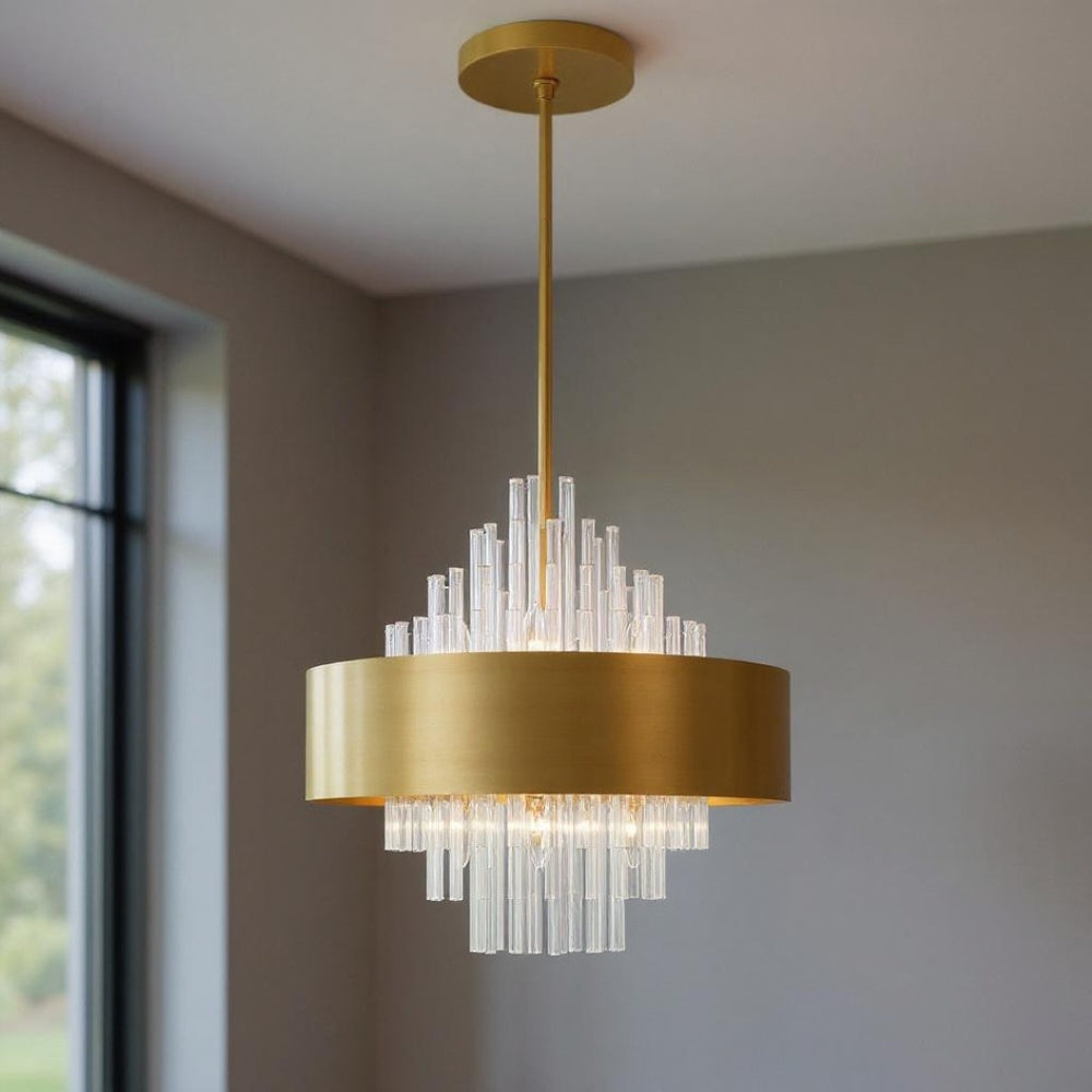 HomeRoots Eight Light Dimmable Chandelier with Fabric Shades - Modern Design for Dining Rooms & Living Spaces 687508