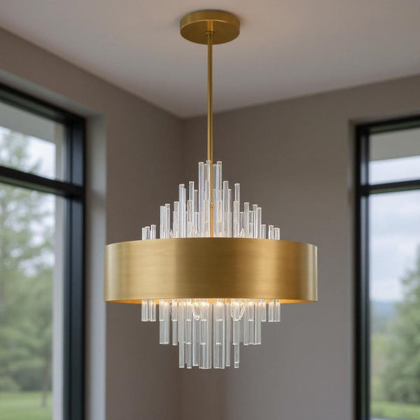 HomeRoots Ten Light Dimmable Chandelier – Modern Cylinder Design with Soft Fabric Shades for Ambiance & Style 687510