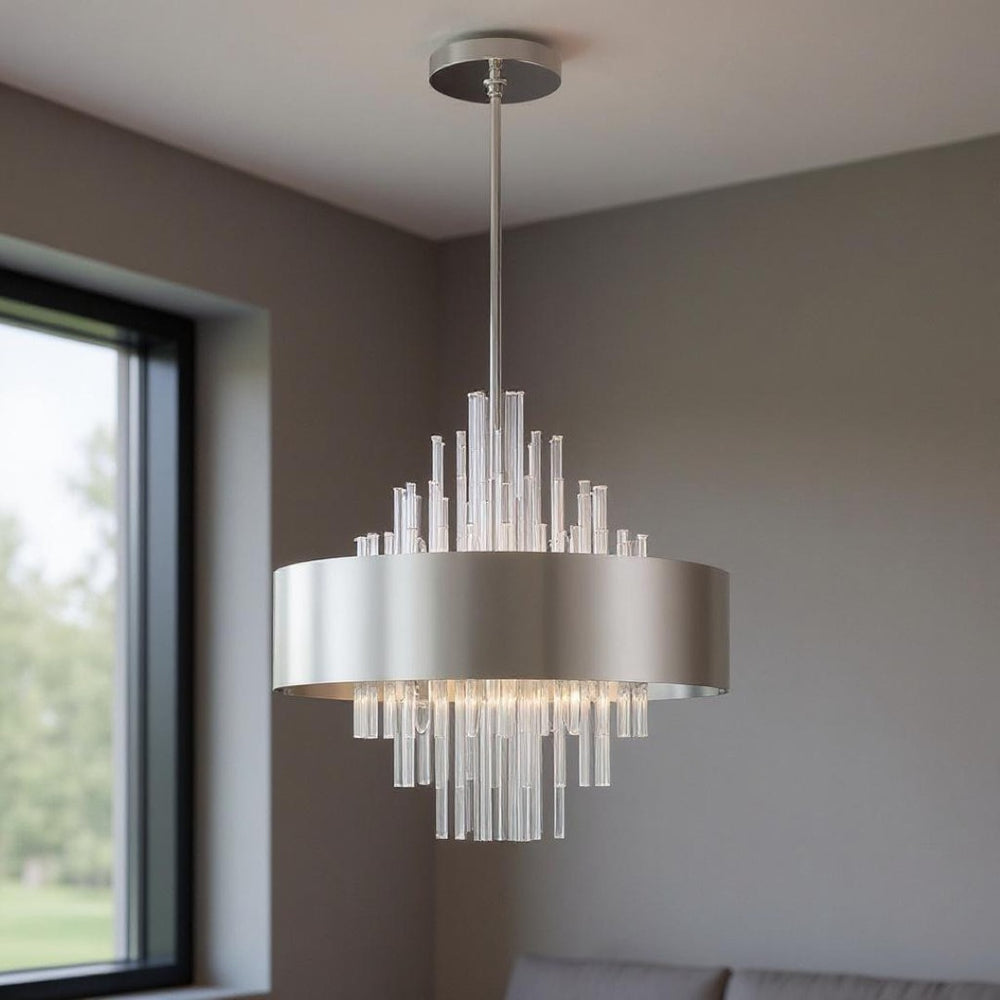 HomeRoots Ten Light Dimmable Chandelier - Modern Elegance with Cylindrical Design & Warm Fabric Shades 687511