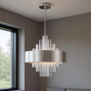HomeRoots Ten Light Dimmable Chandelier - Modern Elegance with Cylindrical Design & Warm Fabric Shades 687511