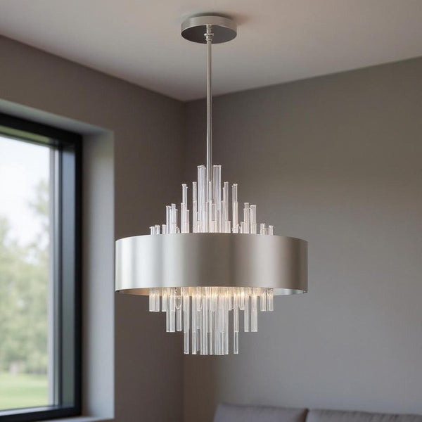 HomeRoots Ten Light Dimmable Chandelier - Modern Elegance with Cylindrical Design & Warm Fabric Shades 687511