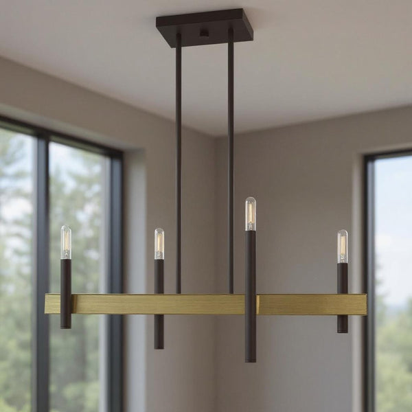 HomeRoots Four Light Dimmable Chandelier with Cylindrical Steel Shades for Modern Home Elegance and Versatility 687519