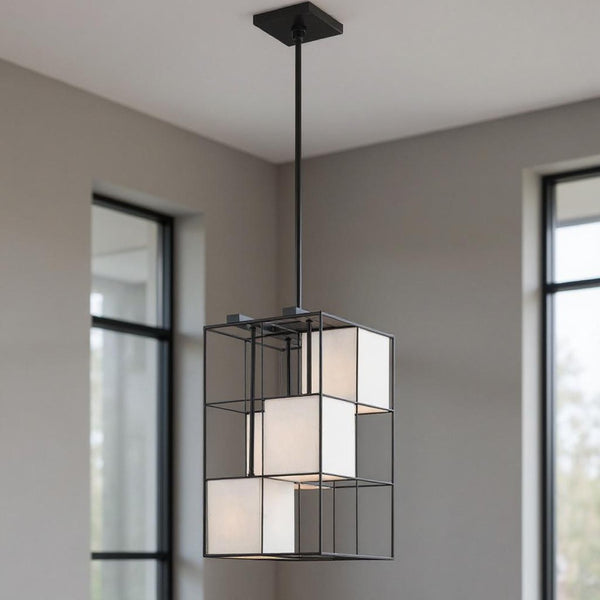 HomeRoots Black Four-Light Dimmable Chandelier with Cylindrical Shades for Versatile Modern Lighting Solutions 687527