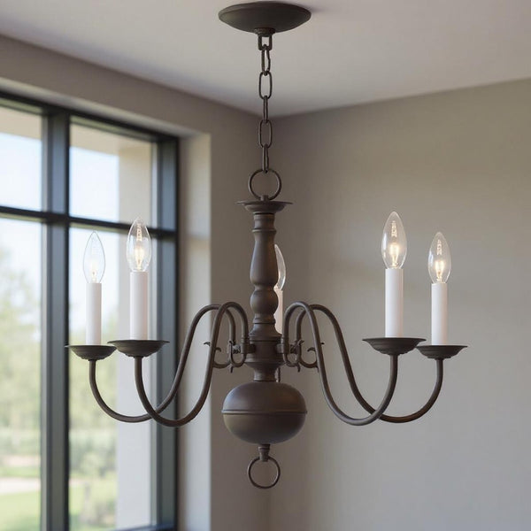 HomeRoots Bronze Five-Light Dimmable Chandelier with Elegant Cylinder Shades for Modern Home Decor Elegance 687537