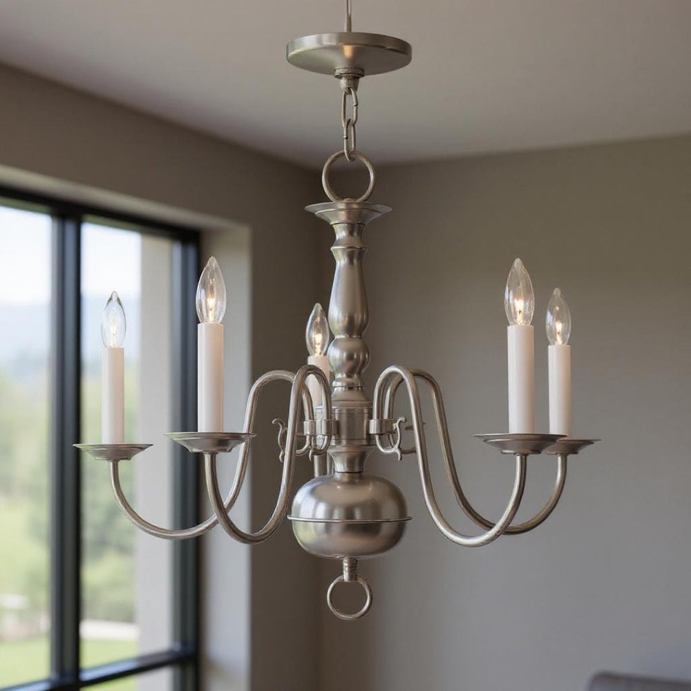 HomeRoots Five Light Dimmable Chandelier - Modern Cylinder Shades for Elegant Entryway & Dining Room Lighting 687539