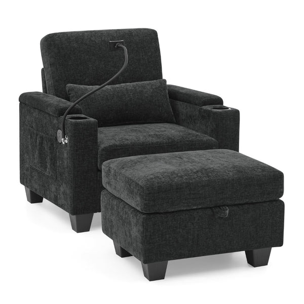 English Elm Single Chenille Manual Recliner with Usb Port Hidden Storage Ottoman and Cup Holders Black W487P423649