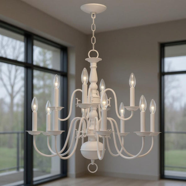 HomeRoots White Twelve-Light Dimmable Chandelier - Elegant Modern Design with Durable Steel Shades & Ambiance Control 687561