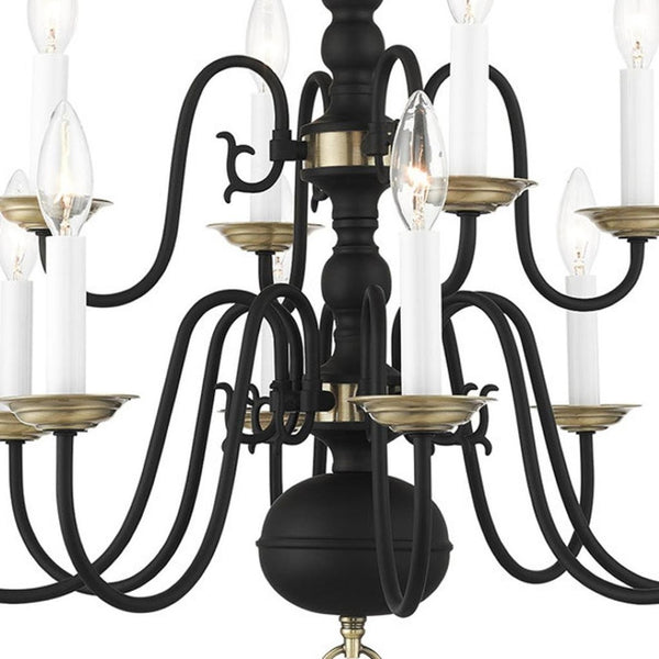HomeRoots Black Twelve-Light Dimmable Chandelier – Modern Steel Design with Cylindrical Shades for Any Room 687562