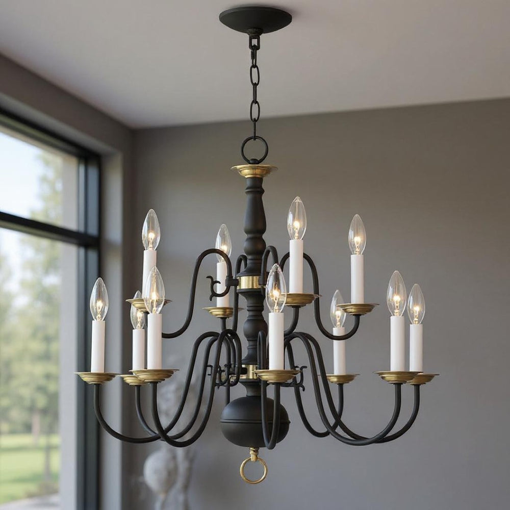 HomeRoots Black Twelve-Light Dimmable Chandelier – Modern Steel Design with Cylindrical Shades for Any Room 687562