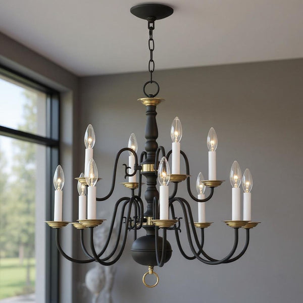 HomeRoots Black Twelve-Light Dimmable Chandelier – Modern Steel Design with Cylindrical Shades for Any Room 687562