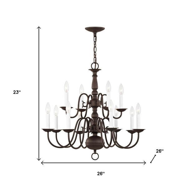 HomeRoots Bronze Twelve-Light Dimmable Chandelier with Unique Cylinder Shades for Elegant Home Illumination 687563