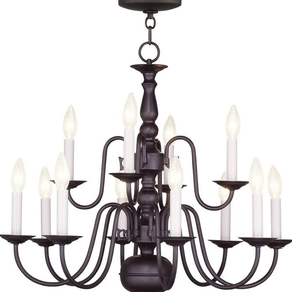 HomeRoots Bronze Twelve-Light Dimmable Chandelier with Unique Cylinder Shades for Elegant Home Illumination 687563