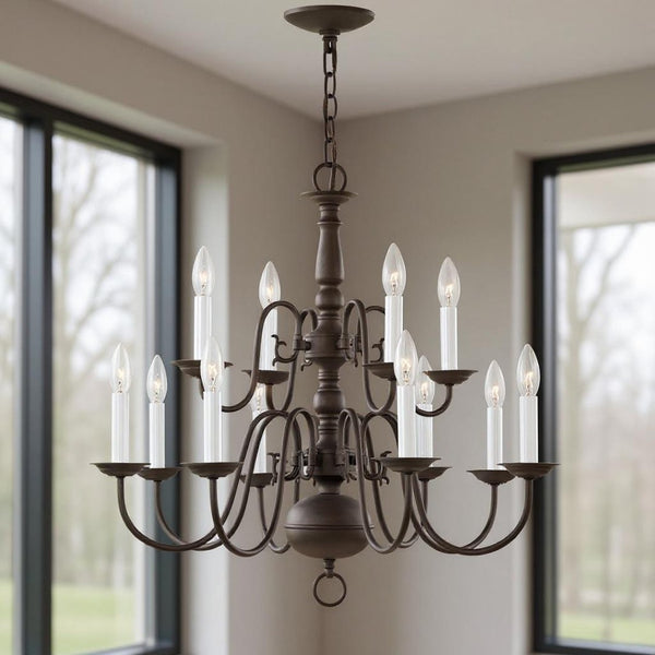 HomeRoots Bronze Twelve-Light Dimmable Chandelier with Unique Cylinder Shades for Elegant Home Illumination 687563