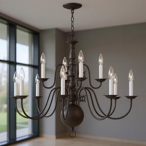 HomeRoots Bronze Twelve-Light Dimmable Chandelier - Elegant Cylinder Shades for Stylish Home Illumination 687569