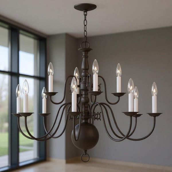 HomeRoots Bronze Twelve-Light Dimmable Chandelier - Elegant Cylinder Shades for Stylish Home Illumination 687569