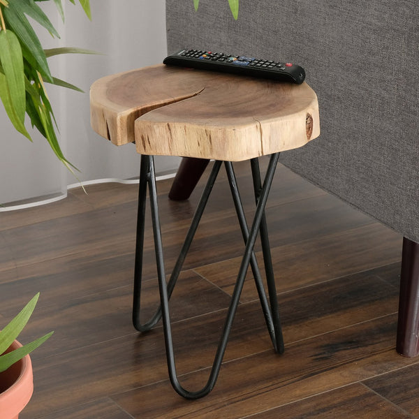 English Elm 12" Acacia Wood Accent Table with Black Hairpin Legs, Rustic End/Side Stool, Compact Décor Appeal B011P198366