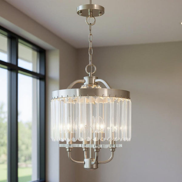 HomeRoots Four Light Dimmable Chandelier - Modern Steel Design with Cylinder Shades for Versatile Home Lighting 687579