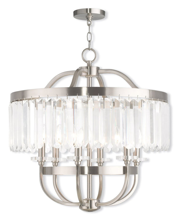 HomeRoots Nickel Six-Light Dimmable Chandelier with Clear Shades - Modern Elegance for Dining & Living Spaces 687582