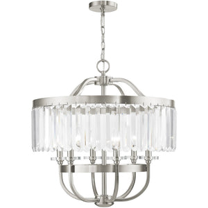 HomeRoots Nickel Six-Light Dimmable Chandelier with Clear Shades - Modern Elegance for Dining & Living Spaces 687582