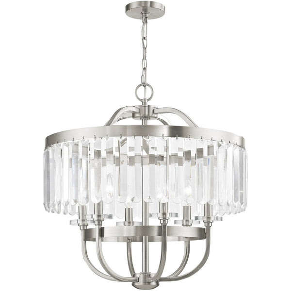 HomeRoots Nickel Six-Light Dimmable Chandelier with Clear Shades - Modern Elegance for Dining & Living Spaces 687582