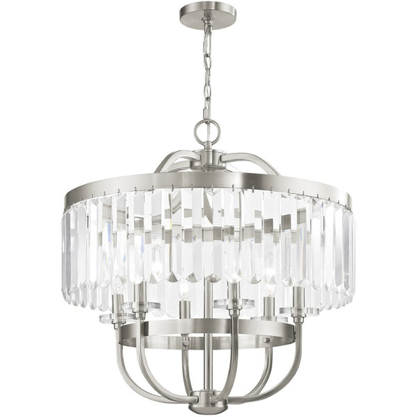 HomeRoots Nickel Six-Light Dimmable Chandelier with Clear Shades - Modern Elegance for Dining & Living Spaces 687582