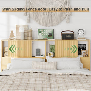 English Elm Queen Storage Bed Oak Finish Sliding Barn Door Headboard with Built-in Charging T3773P417198