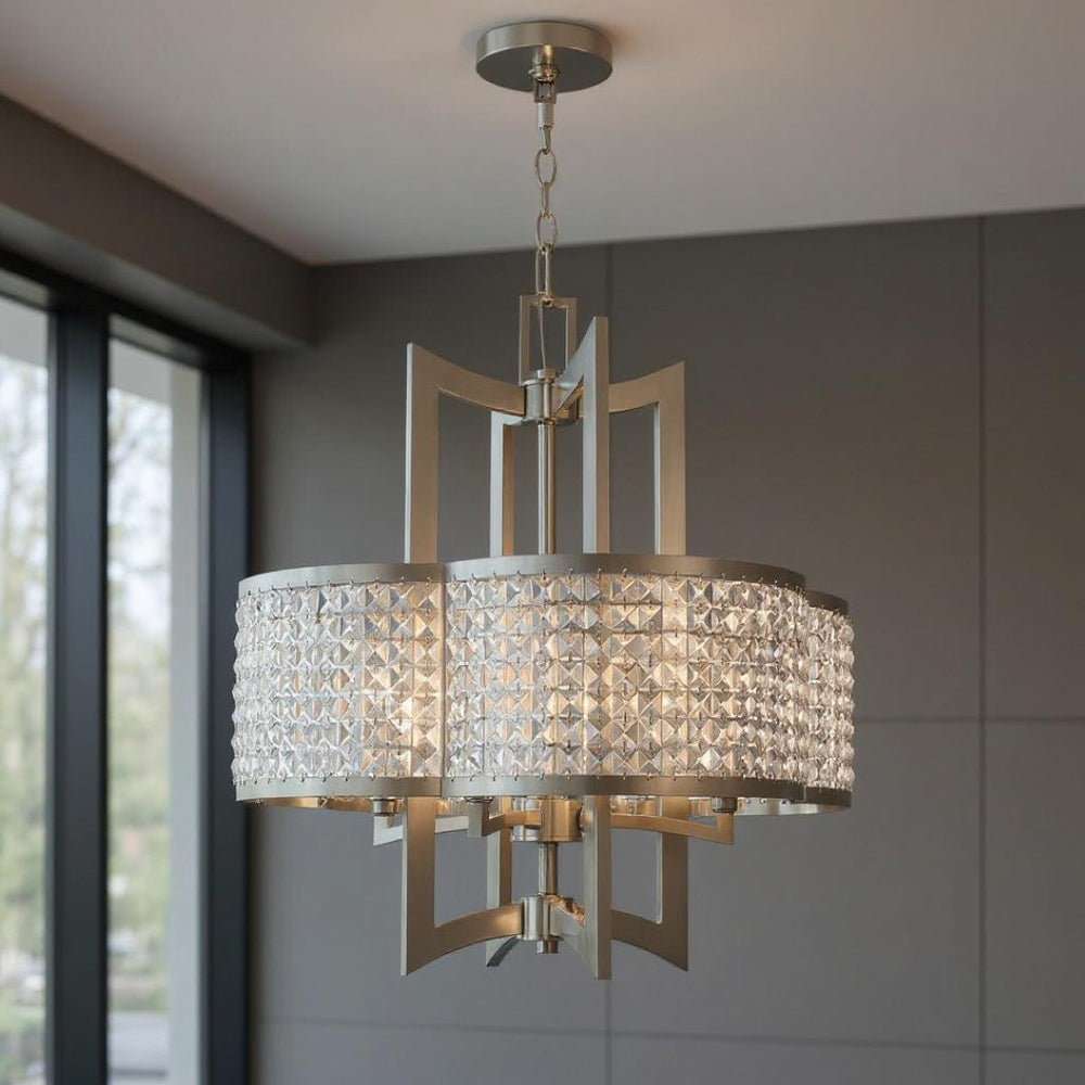 HomeRoots Four Light Dimmable Chandelier - Modern Cylinder Shades for Stylish Illumination in Any Room 687589