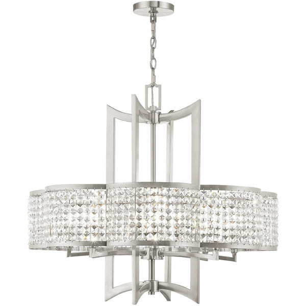 HomeRoots Eight Light Dimmable Chandelier with Modern Cylinder Shades for Elegant Dining and Living Spaces 687594