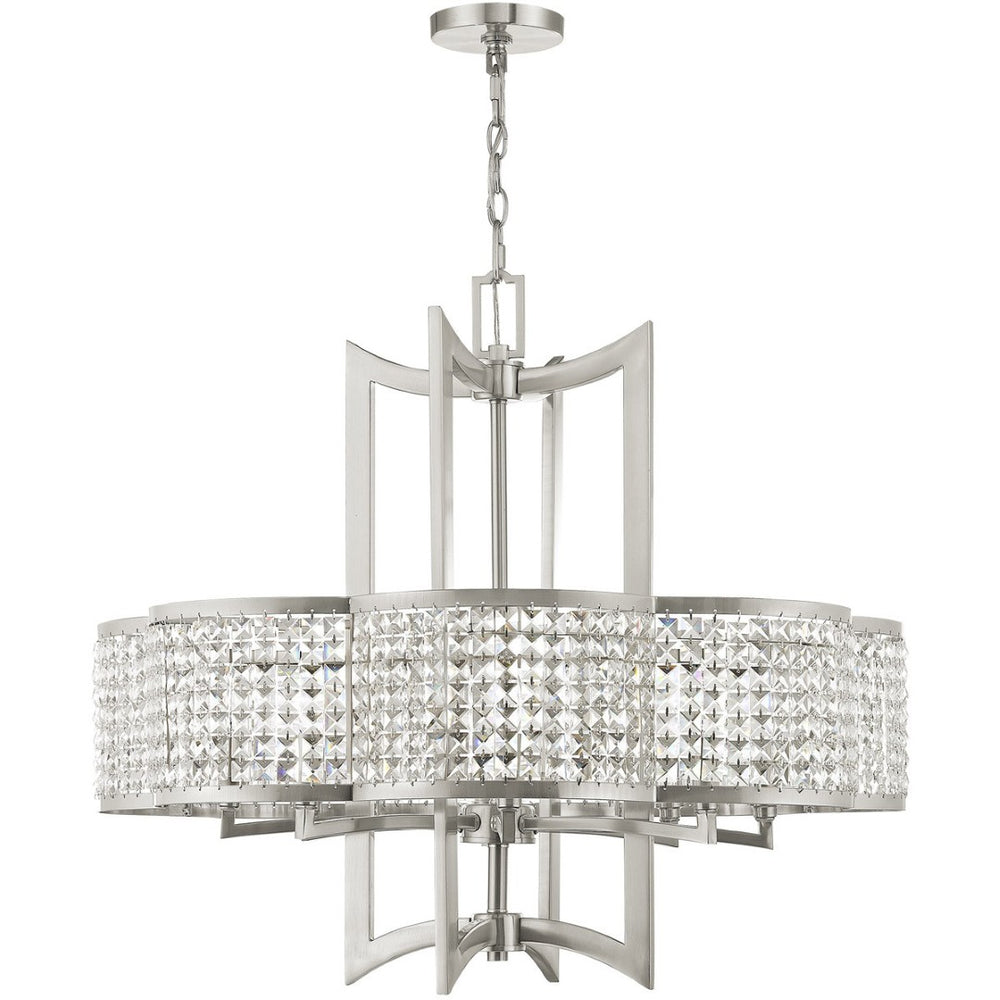 HomeRoots Eight Light Dimmable Chandelier with Modern Cylinder Shades for Elegant Dining and Living Spaces 687594