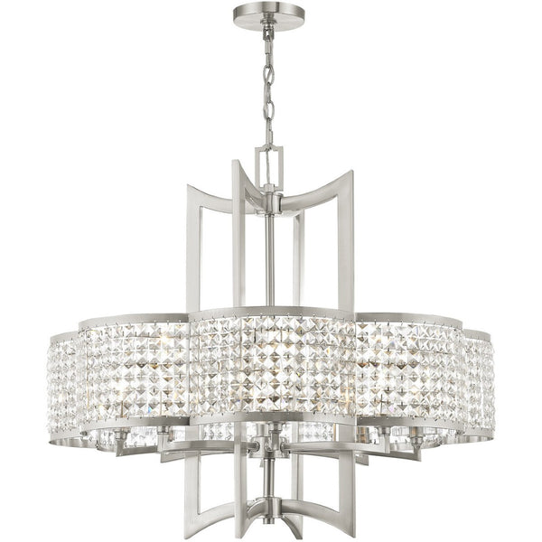 HomeRoots Eight Light Dimmable Chandelier with Modern Cylinder Shades for Elegant Dining and Living Spaces 687594