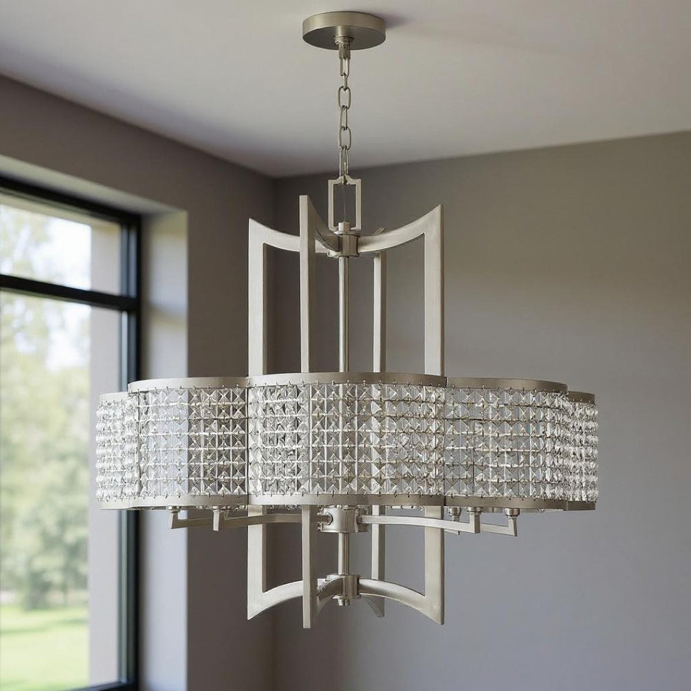HomeRoots Eight Light Dimmable Chandelier with Modern Cylinder Shades for Elegant Dining and Living Spaces 687594