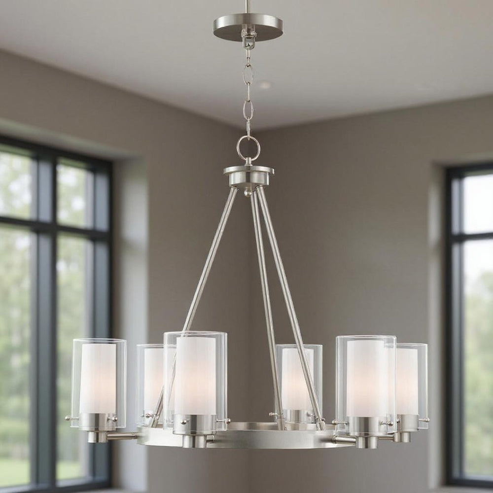 HomeRoots Six Light Dimmable Chandelier - Modern Steel Design with Cylindrical Shades for Stylish Illumination 687609