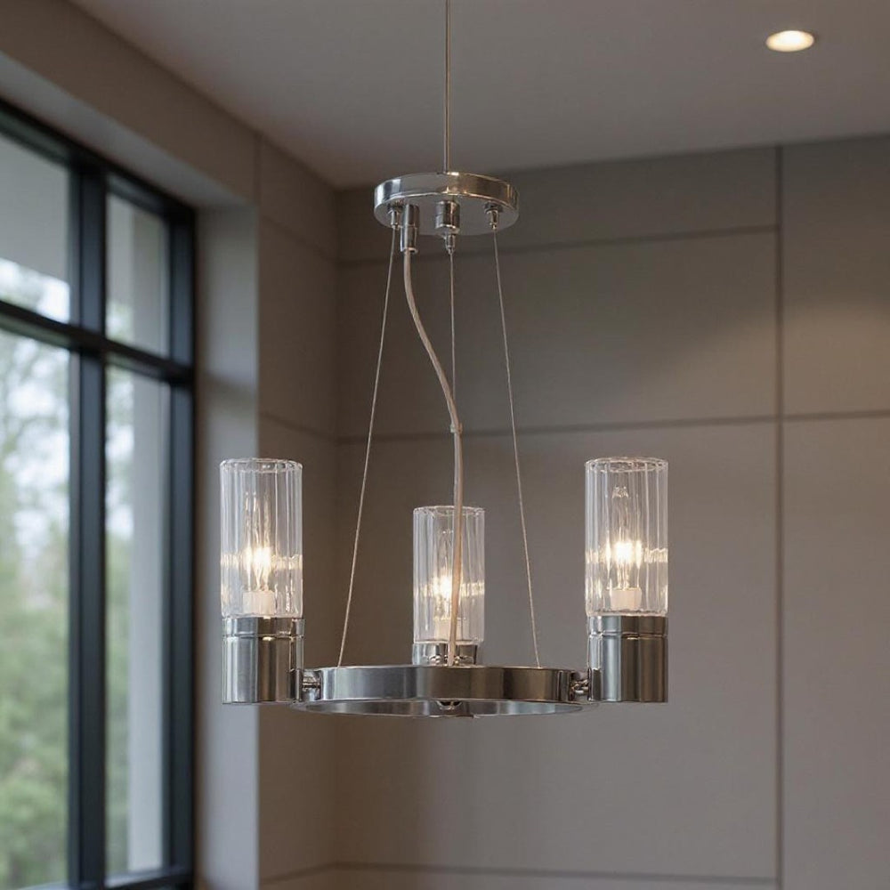 HomeRoots Three Light Dimmable Chandelier with Modern Cylinder Shades for Stylish Ambiance in Any Room 687612