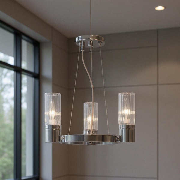 HomeRoots Three Light Dimmable Chandelier with Modern Cylinder Shades for Stylish Ambiance in Any Room 687612