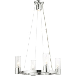 HomeRoots Silver Dimmable Four-Light Chandelier with Clear Shades – Modern Metal Design for Any Space 687613