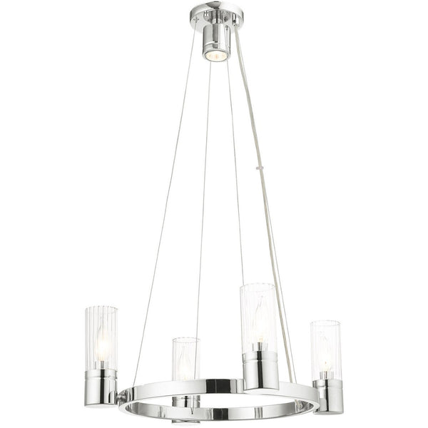 HomeRoots Silver Dimmable Four-Light Chandelier with Clear Shades – Modern Metal Design for Any Space 687613