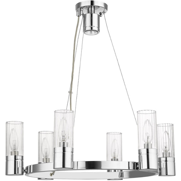 HomeRoots Silver Six-Light Dimmable Chandelier with Elegant Cylinder Shades for Modern Home Décor & Ambiance 687614