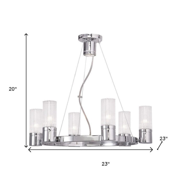 HomeRoots Silver Six-Light Dimmable Chandelier with Elegant Cylinder Shades for Modern Home Décor & Ambiance 687614