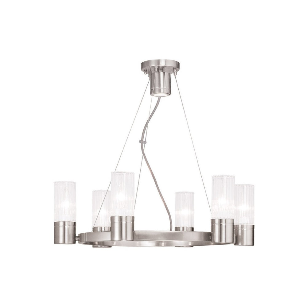 HomeRoots Nickel Modern Six-Light Dimmable Chandelier with Cylinder Shades for Elegant Home Lighting Decor 687615