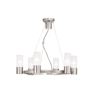 HomeRoots Nickel Modern Six-Light Dimmable Chandelier with Cylinder Shades for Elegant Home Lighting Decor 687615