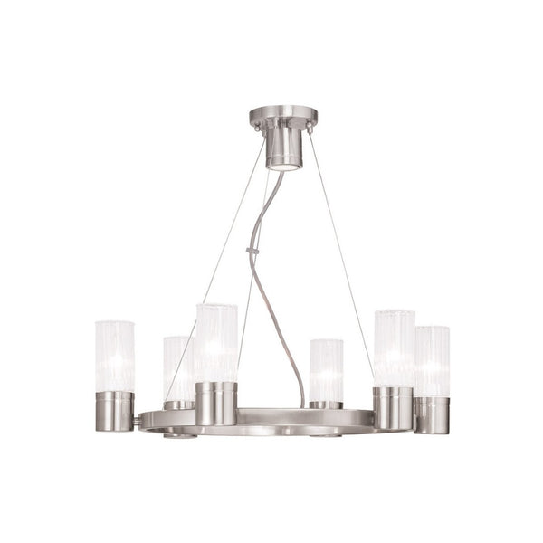 HomeRoots Nickel Modern Six-Light Dimmable Chandelier with Cylinder Shades for Elegant Home Lighting Decor 687615