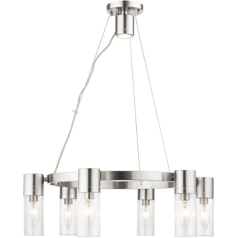 HomeRoots Nickel Modern Six-Light Dimmable Chandelier with Cylinder Shades for Elegant Home Lighting Decor 687615