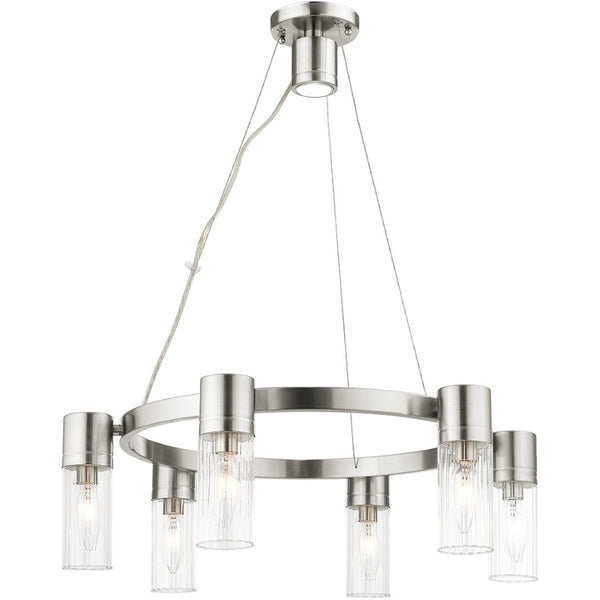 HomeRoots Nickel Modern Six-Light Dimmable Chandelier with Cylinder Shades for Elegant Home Lighting Decor 687615