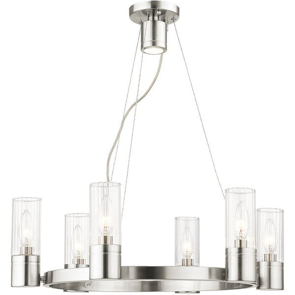 HomeRoots Nickel Modern Six-Light Dimmable Chandelier with Cylinder Shades for Elegant Home Lighting Decor 687615