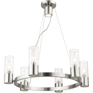 HomeRoots Nickel Modern Six-Light Dimmable Chandelier with Cylinder Shades for Elegant Home Lighting Decor 687615