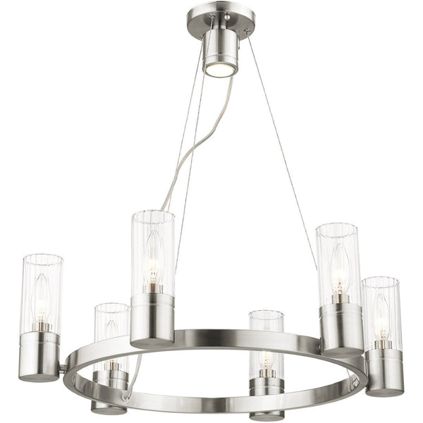 HomeRoots Nickel Modern Six-Light Dimmable Chandelier with Cylinder Shades for Elegant Home Lighting Decor 687615